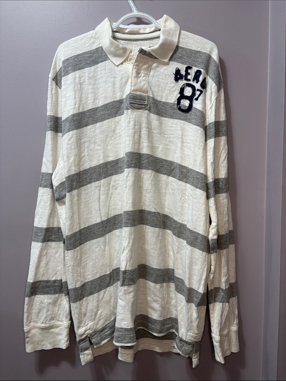 Aeropostale Cream & Gray Striped Long-Sleeve Polo XXL